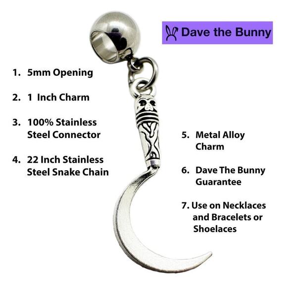 Sickle Necklace - Stainless Steel Snake Chain with Metal Alloy Charm - Picture 2 of 7